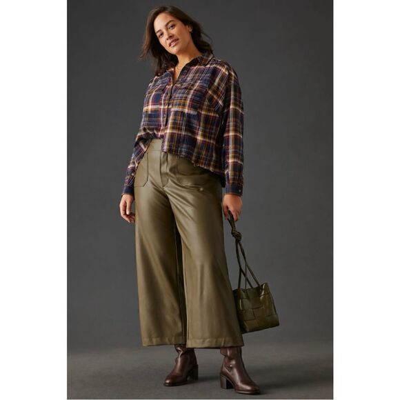 NEW Anthropologie Maeve Colette Moss Cropped Wide-Leg Faux Leather Pants Size 32 - Picture 5 of 8
